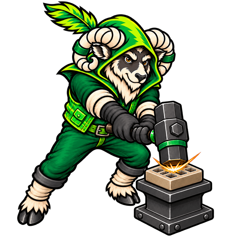 STAMPMILL hooded ram blacksmith operating the hash forge